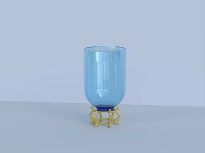 Fresh Flowers In Blue Transparent Glass Vase With Golden Stand Base On White Tabletop 3d model
