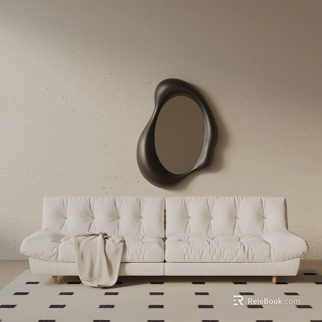 Light Colored Three Seater Sofa With Blanket And Black Irregular Mirror On Beige Wall 3d model