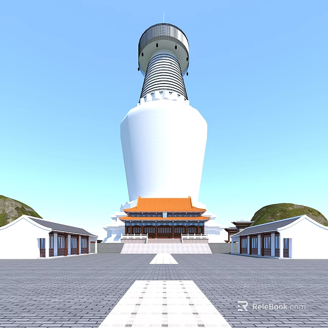 Ancient Chinese Architecture With White Pagoda Orange Roof And Courtyard Design 3d model 