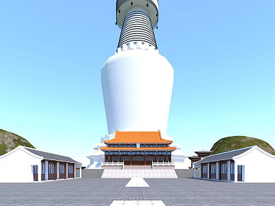 Ancient Chinese Architecture With White Pagoda Orange Roof And Courtyard Design 3d model
