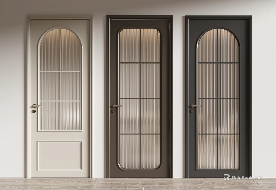 Stylish Hinged Doors with Arched Top Vertical Striped Glass in Beige Dark Gray Black 3d model 