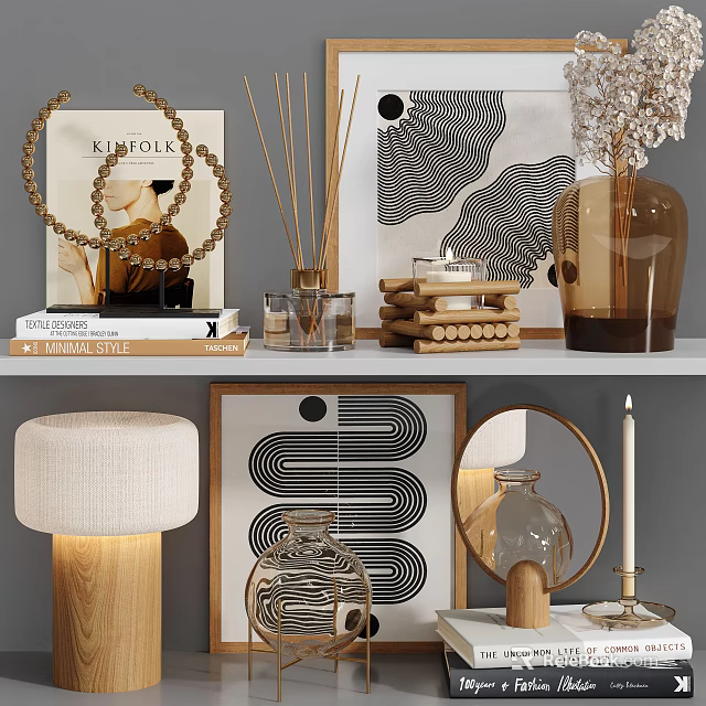 Decorative Ornament Set with Shelf Lamp Mirror Vase Books Candle and Framed Art for Modern Home Decor 3d model 