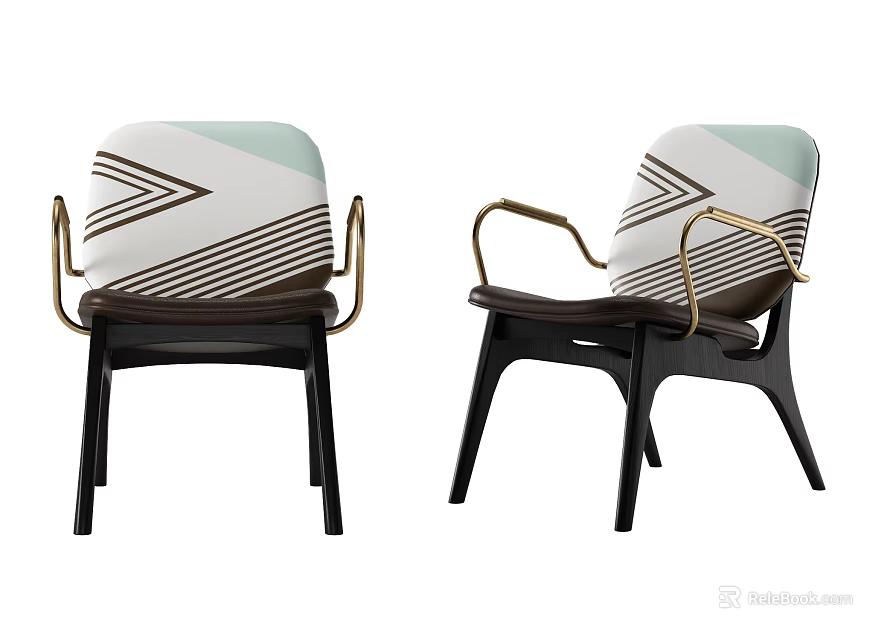 Modern Leisure Chair With Metal Armrests Geometric Pattern Light Green And White Upholstery Design 3d model 