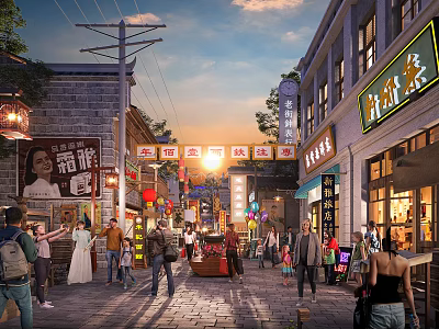 Ancient Architecture Historic Street With Traditional Shop Signs Red Lanterns And Pedestrians 3d model