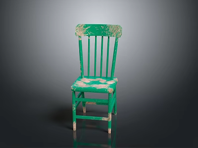 Vintage Green Wooden Chair With Spindle Back And Peeling Paint 3d model