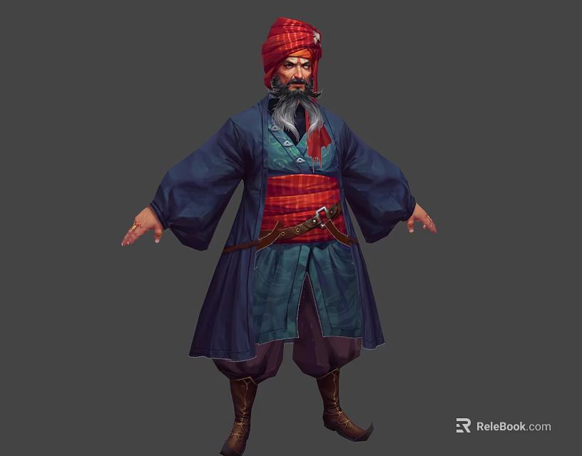 Traditional Male Warrior Character With Red Turban Blue Robe And Brown Boots Design 3d model 