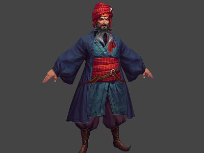 Traditional Male Warrior Character With Red Turban Blue Robe And Brown Boots Design 3d model