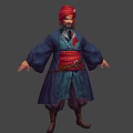 Traditional Male Warrior Character With Red Turban Blue Robe And Brown Boots Design