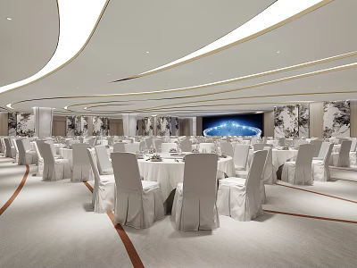 Modern Elegant Banquet Hall With White Tables Chairs Curved Ceiling Large Screen And Decorative Art 3d model