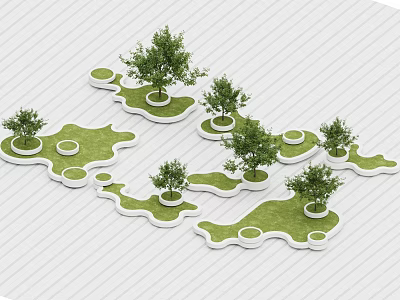 Modern Tree Planters With Geometric Layout White Borders Green Turf And Small Trees 3d model