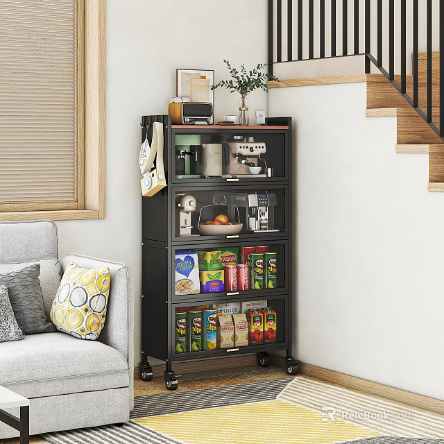Black Multi Tier Rolling Storage Shelf With Kitchen Items And Food In Living Room 3d model 