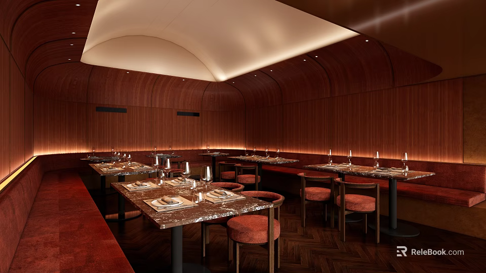 Elegant Restaurant Interior With Wooden Walls Marble Dining Tables Red Seats And Ambient Lighting 3d model 