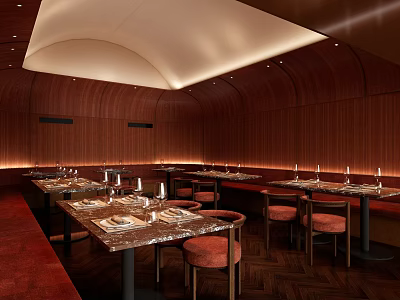 Elegant Restaurant Interior With Wooden Walls Marble Dining Tables Red Seats And Ambient Lighting 3d model