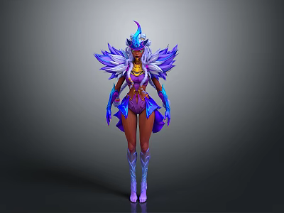 Woman In Ornate Blue And Purple Feathered Costume With Golden Accessories And Long Boots 3d model