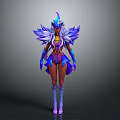 Woman In Ornate Blue And Purple Feathered Costume With Golden Accessories And Long Boots