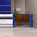 Blue Double Door Turnstile With Glass Doors Marble Wall Green Plants And Light Tile Floor