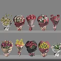 Colorful Flower Bouquets in Vases on Shelves for Home Decor with Various Wrappings