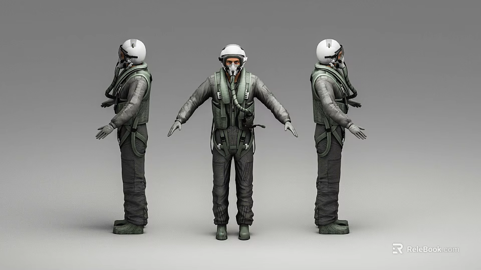 Military Flight Suit Character With Helmet In Three Angles Front Side Back View 3d model 
