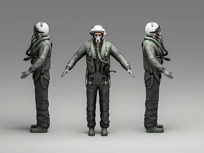 Military Flight Suit Character With Helmet In Three Angles Front Side Back View 3d model