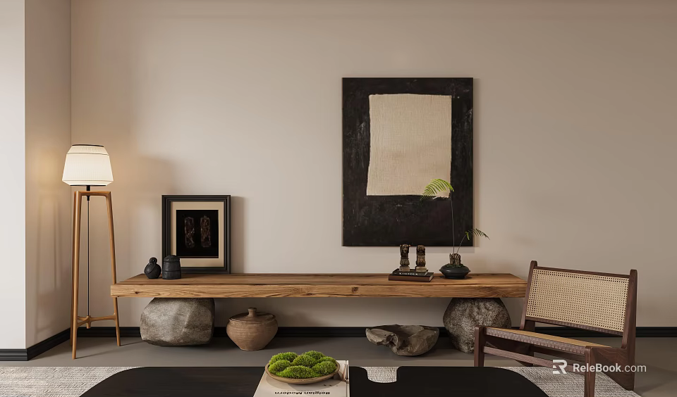 Natural Wooden TV Stand In Minimalist Living Room With Decorative Stone Pottery And Wall Art 3d model 