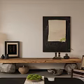 Natural Wooden TV Stand In Minimalist Living Room With Decorative Stone Pottery And Wall Art