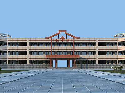 Multi Story School Building With Red Decorated Entrance And Spacious Front Plaza 3d model