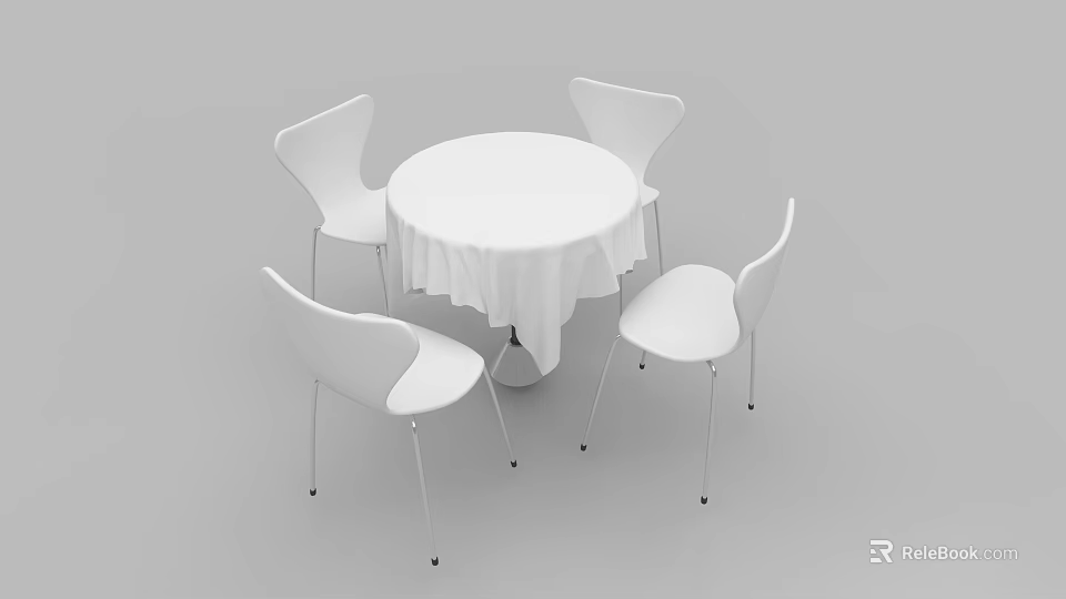 Modern Round Meeting Table with White Tablecloth and Four Simple Metal Leg Chairs 3d model 