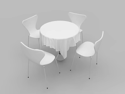 Modern Round Meeting Table with White Tablecloth and Four Simple Metal Leg Chairs 3d model