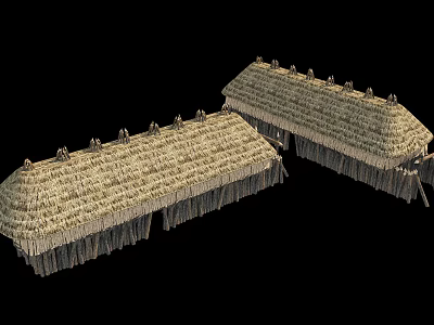 Two Traditional Thatched Roof Buildings With Curved Tops And Wooden Supports 3d model