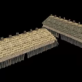 Two Traditional Thatched Roof Buildings With Curved Tops And Wooden Supports