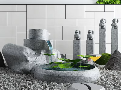 Garden Ornament With Stone Fountain Lotus Leaves Lion Statues And Gravel Ground 3d model