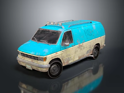 Blue Worn Out Bus With Roof Rack And Roof Lights On Reflective Surface 3d model