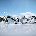 Two White and Black Motorcycles Parked on White Ground Under Blue Sky With White Clouds