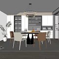 Modern Restaurant Interior Design With Dining Table Chairs Chandelier Wine Cabinet And Plant