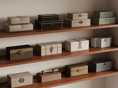 Various Colored Storage Boxes With Different Materials Neatly Arranged On Wooden Shelves 3d model