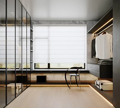 Modern Closet Interior With Glass Cabinets Large Window And Seat 3d model