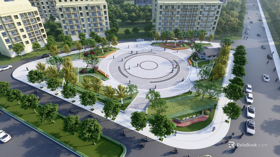 Urban Park Landscape Featuring Circular Plaza Green Trees Lawn And Residential Buildings 3d model 