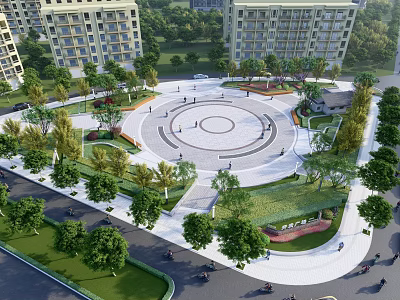 Urban Park Landscape Featuring Circular Plaza Green Trees Lawn And Residential Buildings 3d model