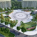 Urban Park Landscape Featuring Circular Plaza Green Trees Lawn And Residential Buildings