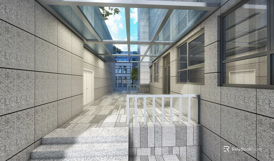 Garden Landscape With Grey Walls Glass Roof Pathway Steps White Railings Trees And Blue Sky 3d model 