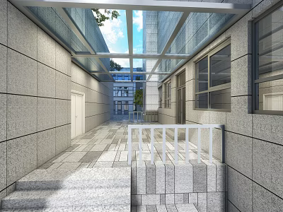 Garden Landscape With Grey Walls Glass Roof Pathway Steps White Railings Trees And Blue Sky 3d model