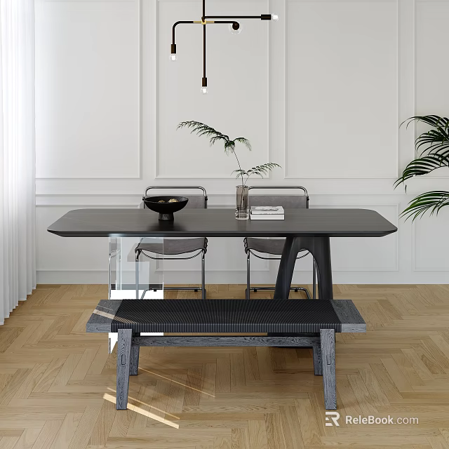 Modern Interior Black Top Dining Table Set With Transparent Chairs Gray Bench And Green Plant 3d model 
