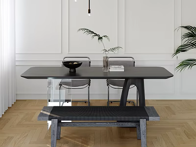 Modern Interior Black Top Dining Table Set With Transparent Chairs Gray Bench And Green Plant 3d model