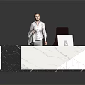Modern Reception Desk With Marble Countertop Geometric Design And Office Chair Computer Monitor