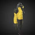 Yellow Spaghetti Strap Ruched Dress With Drawstring Details On Mannequin And Hanger