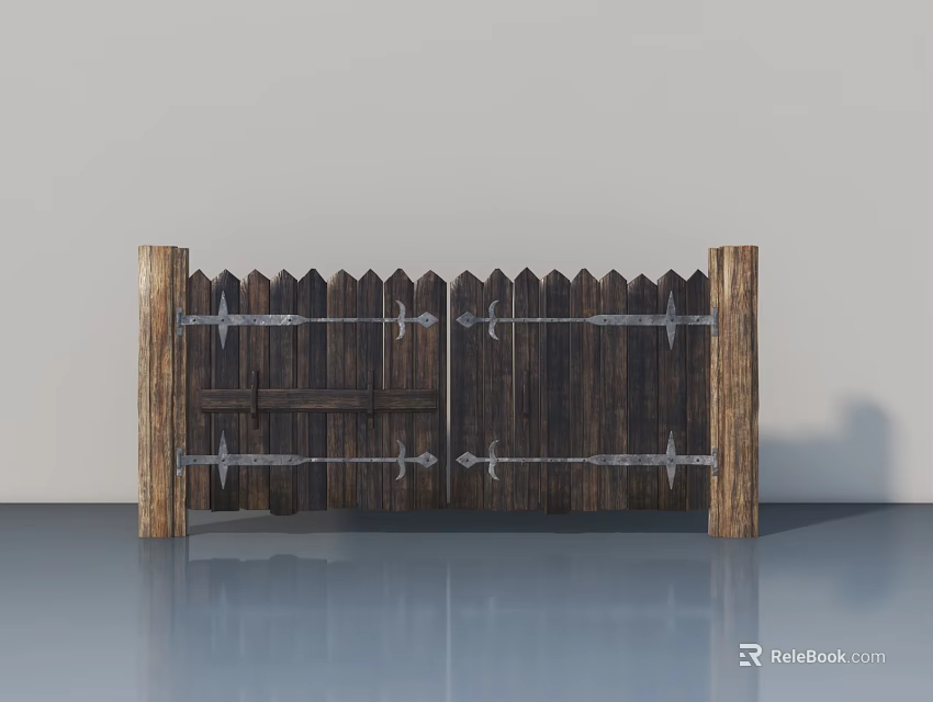 Double Wooden Swing Door With Rustic Design And Metal Hinges 3d model 