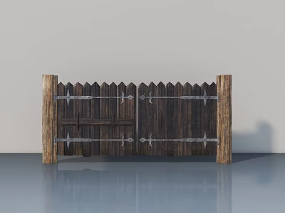 Double Wooden Swing Door With Rustic Design And Metal Hinges 3d model