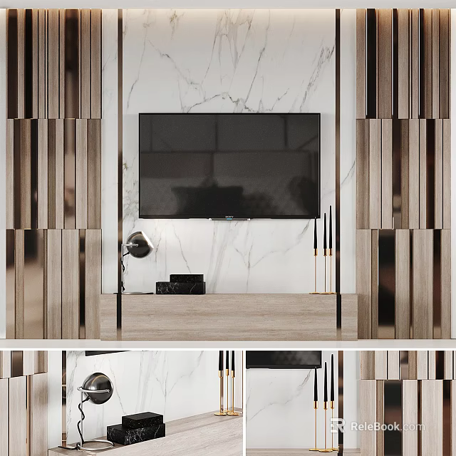 Modern TV Background Wall With Marble Surface And Wooden Panel Design 3d model