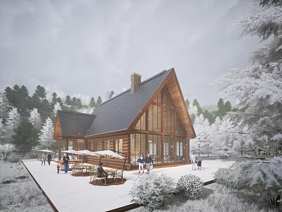 Snowy Log Cabin With Gabled Roof And Wooden Deck In Winter Forest 3d model