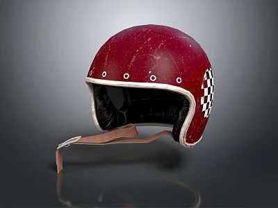Classic Vintage Red Helmet With Checkerboard Side Pattern And Leather Strap 3d model